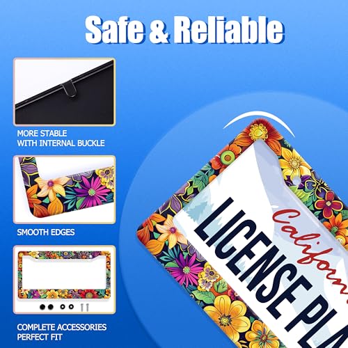Bright Flowers License Plate Frame Stainless Steel Accessory12.3 x 6.3"
