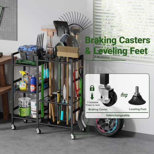 Garden Tool Organizer with 6 Industrial Wheels & Large Hooks
