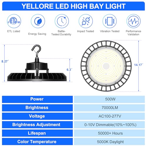 10 Pack 500W LED High Bay Light 70000LM ETL Listed Industrial Grade UFO Light Dimmable IP65 Waterproof 5000K Commercial Bay Lighting for Warehouse Garage Factory 110V 120V (9 Count)