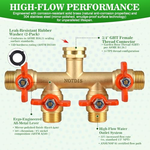 4 Way Brass Hose Splitter Full Flow with Metal Handle