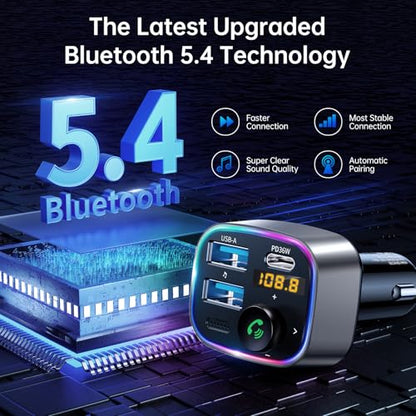Bluetooth 5.4 FM Transmitter Car Adapter 48W