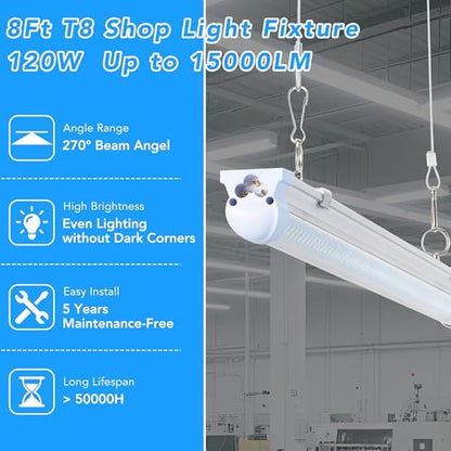 8FT LED Shop Light T8 120W 19200LM 6000K (10 Count)
