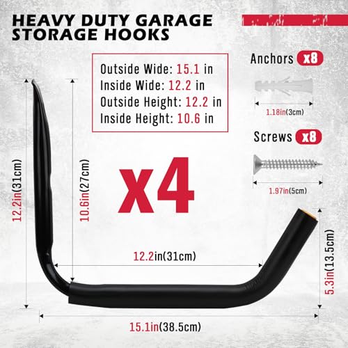 4 Piece 15" 100 Lbs Heavy Duty Garage Storage Hooks (4 Count)