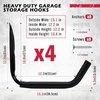 4 Piece 15" 100 Lbs Heavy Duty Garage Storage Hooks (4 Count)