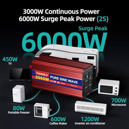 3000W Pure Sine Wave Power Inverter 12V DC to 110V 120V AC for Vehicles