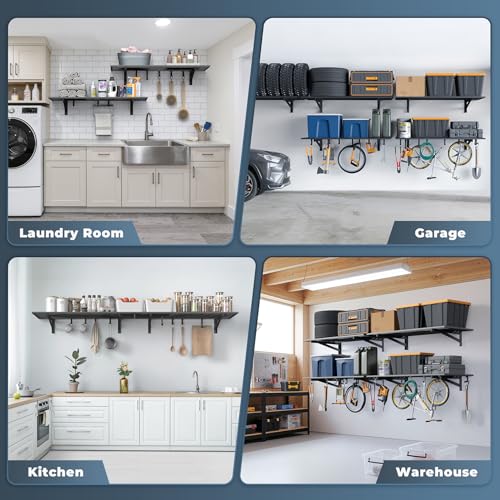 2 Pack Garage Shelving Wall Mounted with 8 Hooks (2 Count)