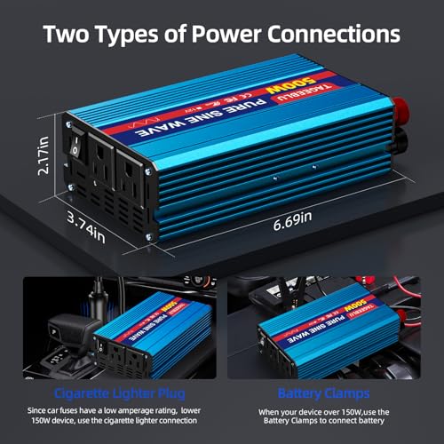 500W Pure Sine Wave Power Inverter 12V DC to 110V 120V AC for Vehicles