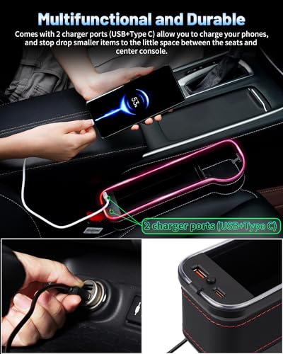 LED Car Seat Gap Filler Organizer Console Side Storage Box Between Seats with Cup Holders RGB Color Changing Storage Front Seat Gap Filler with USB Charging Car Interior Accessories (2 Count)