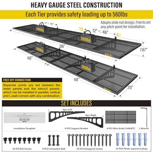 4 Pack 1.64x4ft Adjustable Garage Wall Shelving 1120lbs Load Capacity Heavy Duty Wall Mounted Storage Shelf Metal Floating Shelves for Garage (4 Count)