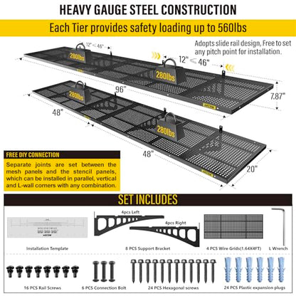 4 Pack 1.64x4ft Adjustable Garage Wall Shelving 1120lbs Load Capacity Heavy Duty Wall Mounted Storage Shelf Metal Floating Shelves for Garage (4 Count)