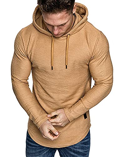 Mens Fashion Athletic Hoodies Sport Sweatshirt Solid Color Fleece Pullover Khaki 2XL