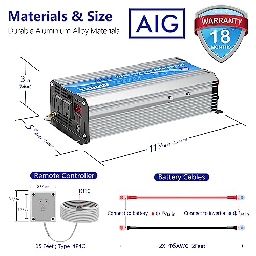 Power Inverter Pure Sine Wave 1200 Watt 12V Dc to 120V Lithium Battery Compatible with UL Fuses and USB