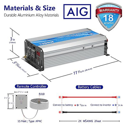 Power Inverter Pure Sine Wave 1200 Watt 12V Dc to 120V Lithium Battery Compatible with UL Fuses and USB