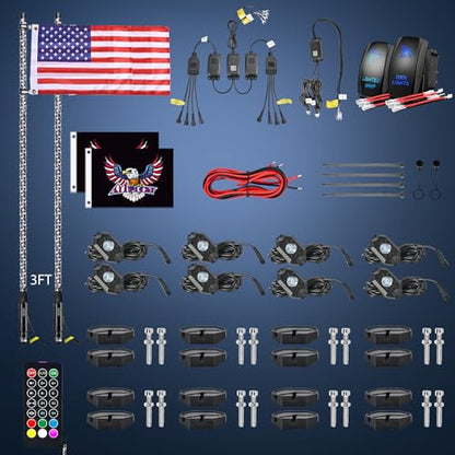 2PCS 3FT RGB LED Whip Light and 8 PCS Rock Lights Combo Kit