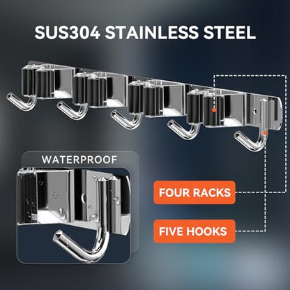 2 Pack Mop Broom Holder Wall Mount 4 Racks 5 Hooks Storage Silver (2 Count)
