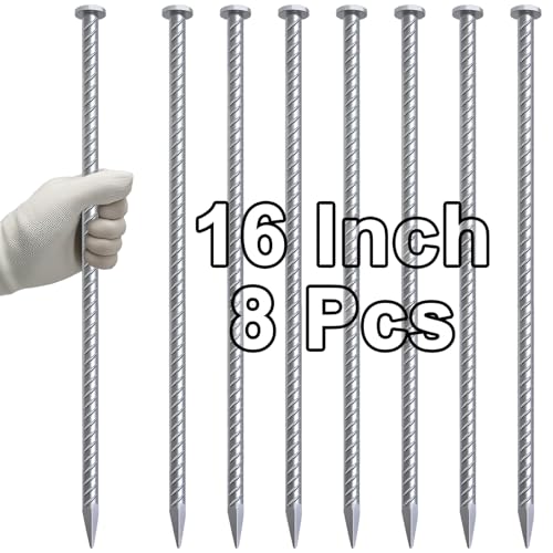 Rebar Stakes 16 Inch Galvanized Metal Steel Ground Spikes Heavy Duty (8 Count)