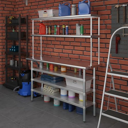 18" x 60" Stainless Steel Work Table with 3 Shelves and 12" Wide Double Tier Overshelf
