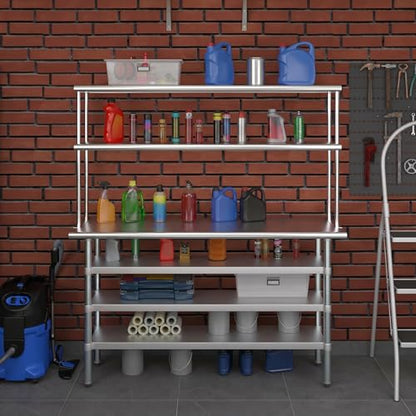 18" x 60" Stainless Steel Work Table with 3 Shelves and 12" Wide Double Tier Overshelf