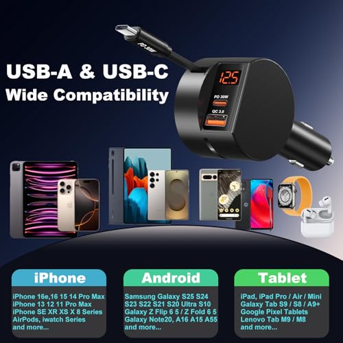 78W 3 Port Car Charger with Retractable USB (2 Count)