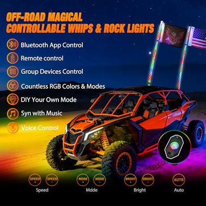 RGB LED Whip Light 2PCS 4FT with 6 Rock Lights Combo