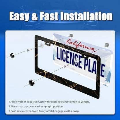 Marble Print License Plate Frame Stainless Steel Car Accessory 6.3x12.3Inch