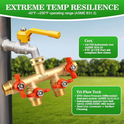 4 Way Brass Hose Splitter Full Flow with Metal Handle