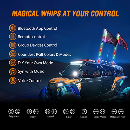 2PCS 4FT RGB LED Whip Lights APP & Remote Control