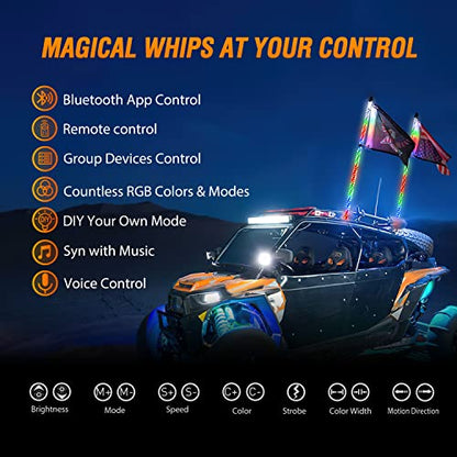 2PCS 6FT RGB LED Whip Lights APP & Remote Control