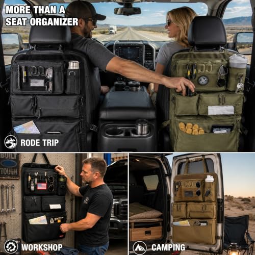 Tactical Seat Back Organizer Heavy Duty MOLLE Panel Organizer with Multiple Pockets & Hook Loop Panel for Road Trip Essentials