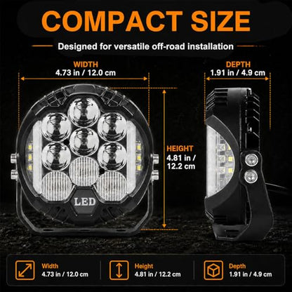 2pcs 5 Inch White Round Offroad Lights LED Pods with Amber DRL 90W LED Light Pods 270° Wide Range Super Bright Side Shooter with Wiring Harness kit for Truck Pickup ATV UTV SUV