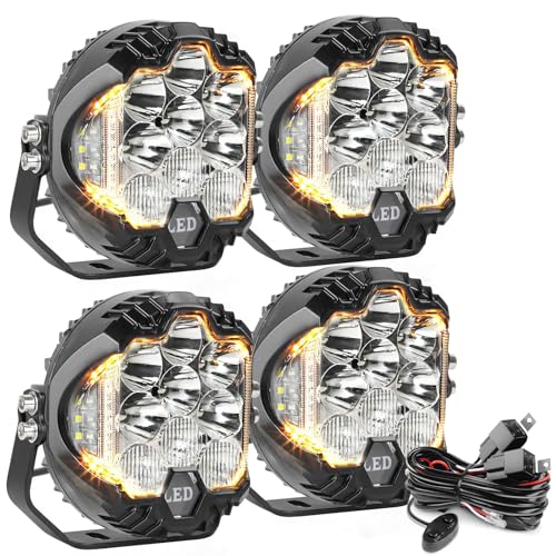 4pcs 5 Inch White Round Offroad Lights LED Pods with Amber DRL 90W LED Light Pods 270° Wide Range Super Bright Side Shooter with Wiring Harness kit for Truck Pickup ATV UTV SUV