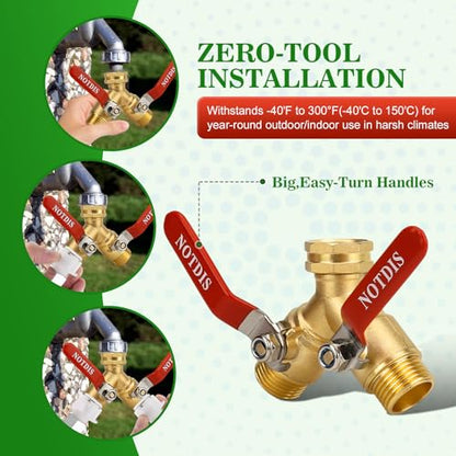 Hose Splitter 2 Way Heavy Duty Brass Garden Hose Splitter with 304 Stainless Steel Long Handle Outdoor Full Flow Hose Splitter Connector