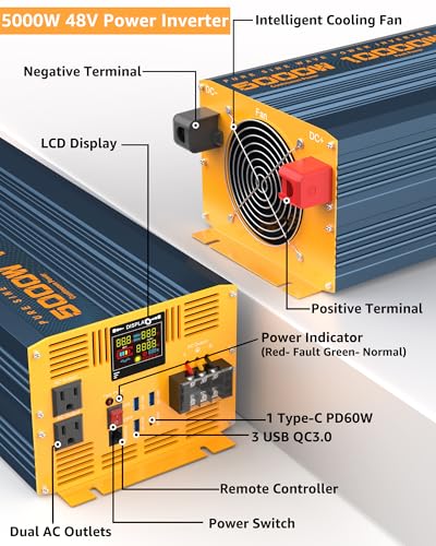 5000 Watt Power Inverter Pure Sine Wave 48V DC to 110V 120V 10000W Peak Heavy Duty Inverter with Remote Control and LED Display