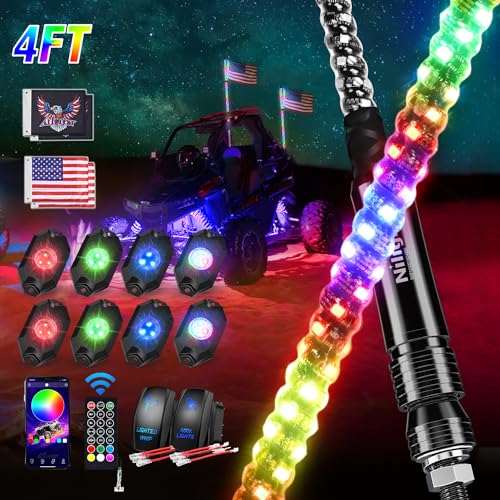 2PCS 4FT RGB LED Whip Light and 8 PCS Rock Lights Combo Kit