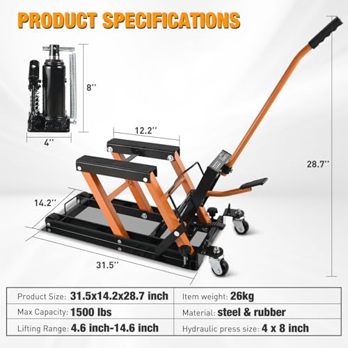 Motorcycle Lift Jack 1500 LBS Hydraulic Lifts ATV Scissor Jacks with Wheel Foot Pedal Handle Ratchet Belt Heavy Duty Lifter Stand Hoist Table for Dirt Bike Garage Storage Repair Tool