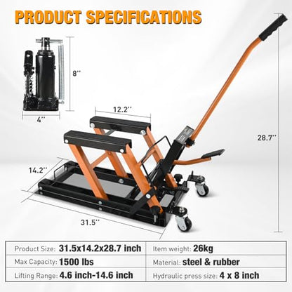 Motorcycle Lift Jack 1500 LBS Hydraulic Lifts ATV Scissor Jacks with Wheel Foot Pedal Handle Ratchet Belt Heavy Duty Lifter Stand Hoist Table for Dirt Bike Garage Storage Repair Tool