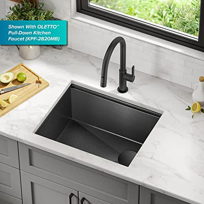 Kore 23 Inch Undermount Workstation 16 Gauge Black Stainless Steel Single Bowl Kitchen Sink in PVD Gunmetal Finish with Accessories