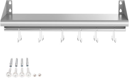 Skyflame 12" x 36" Wall Shelf with 6 Hanging Hooks for Storage, Stainless Steel Commercial Shelving with Side Guards for Bar, Utility Room, Kitchen, Garage