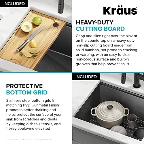 Kore 23 Inch Undermount Workstation 16 Gauge Black Stainless Steel Single Bowl Kitchen Sink in PVD Gunmetal Finish with Accessories