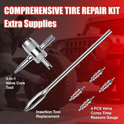 68-Piece All-in-One Heavy Duty Tire Plug Kit – Professional Tire Repair Set, T-Handle Tools, Valve Kit, 40 Plugs, Pliers, Knife – Universal for Car