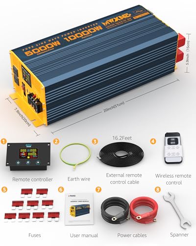 5000 Watt Power Inverter Pure Sine Wave 48V DC to 110V 120V 10000W Peak Heavy Duty Inverter with Remote Control and LED Display