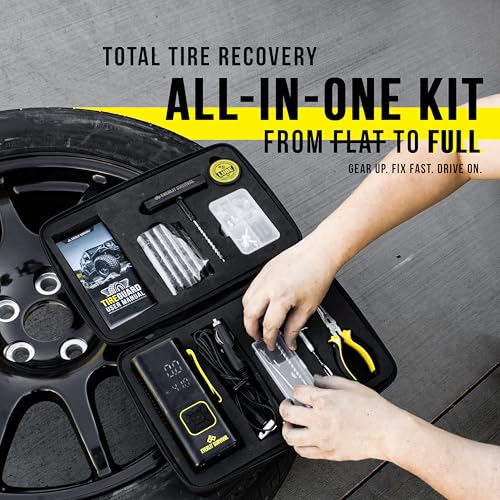 All-in-One Tire Repair Kit with Air Compressor – 150 PSI Portable Cordless Tire Inflator & Plug Kit – Flat Tire Emergency Roadside Kit for Car, SUV, Truck & Motorcycle Fast Repair & Inflation