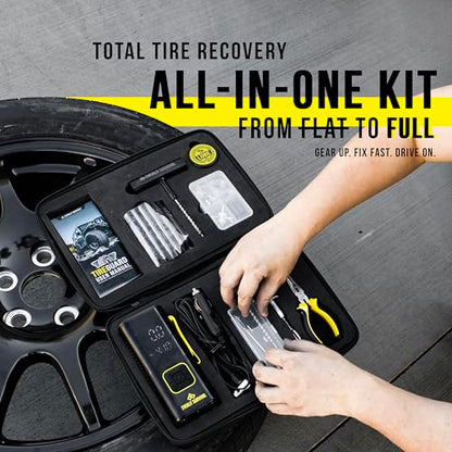 All-in-One Tire Repair Kit with Air Compressor – 150 PSI Portable Cordless Tire Inflator & Plug Kit – Flat Tire Emergency Roadside Kit for Car, SUV, Truck & Motorcycle Fast Repair & Inflation
