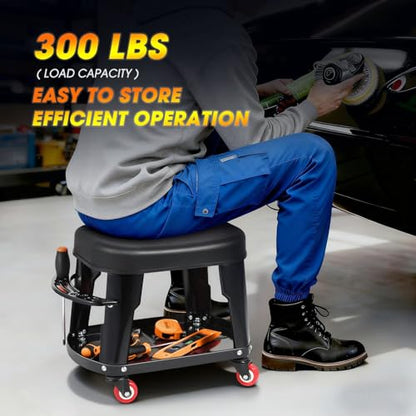 TOOLS 00252 Removable Rolling Garage Stool with Seat Cushion & Tool Tray Plate