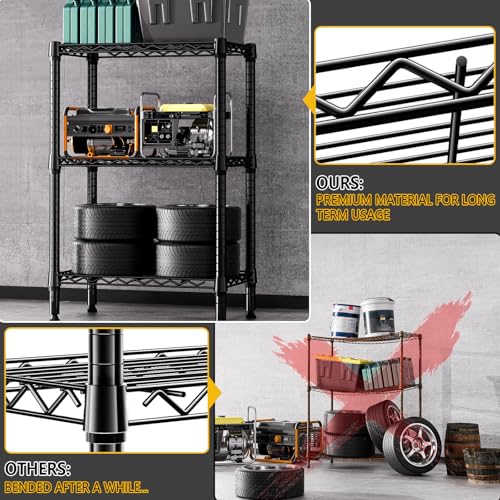 750 lbs 3 Tier Shelf Metal Storage Shelves Shelving Wire Rack Heavy Duty Closet Organizers for Garage Kitchen Bathroom Laundry Black 13.8" D x 23.6" W x 35.5" H