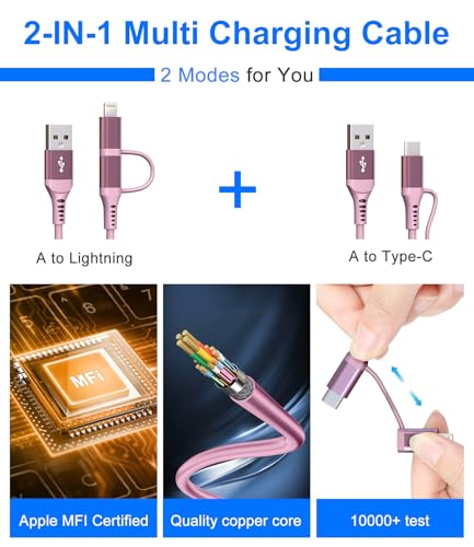 USB to USB C and Lightning Pink Car Charger Cable