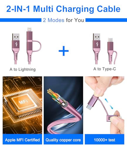 USB to USB C and Lightning Pink Car Charger Cable