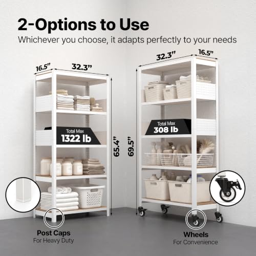 5 Tier Rolling Shelving Unit with Lockable Wheels Multipurpose Storage Cart with Pegboards for Kitchen Laundry Pantry 32" W 2Pack (2 Count)
