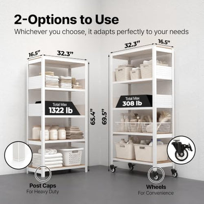 5 Tier Rolling Shelving Unit with Lockable Wheels Multipurpose Storage Cart with Pegboards for Kitchen Laundry Pantry 32" W 2Pack (2 Count)