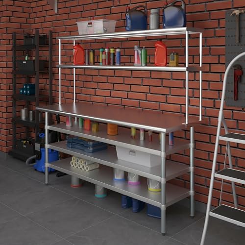 24" x 72" Stainless Steel Work Table with 3 Shelves and 12" Wide Double Tier Overshelf